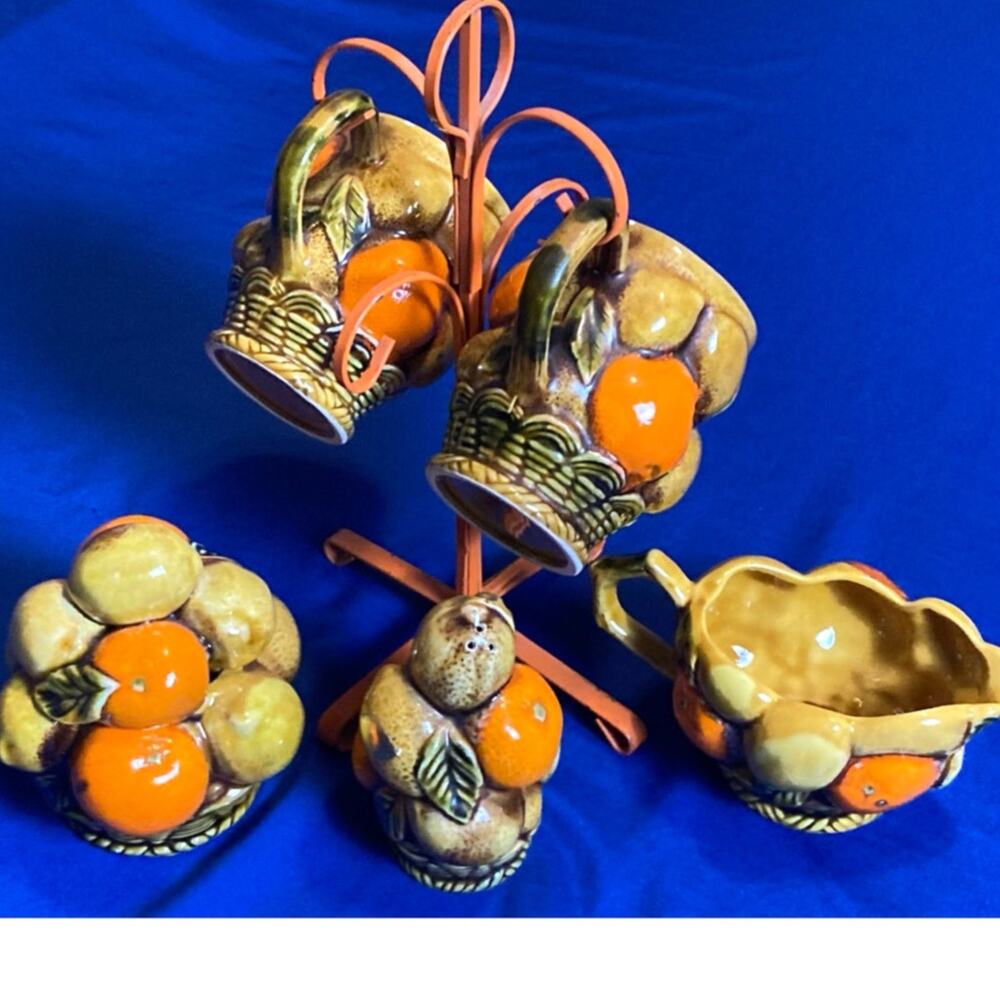 VTG Tea Set Orange Spice by INARCO Tea Cups (2) Lidded Sugar Bowl Creamer -Stand